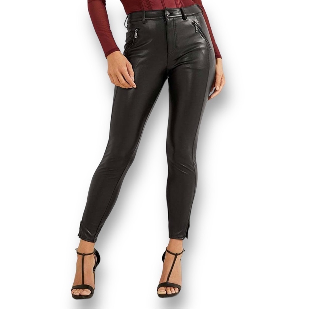 GUESS Women's Soto Faux Leather Skinny Pant Jet Black Sz 0 - Picture 1 of 12